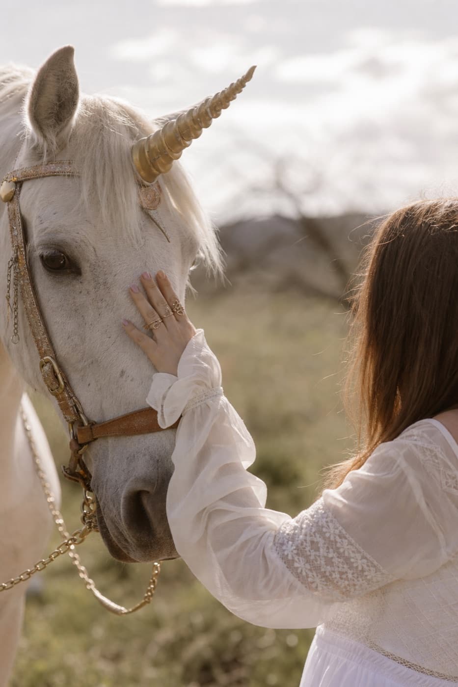 Hand die rustig een unicorn aanraakt, een moment van vertrouwen